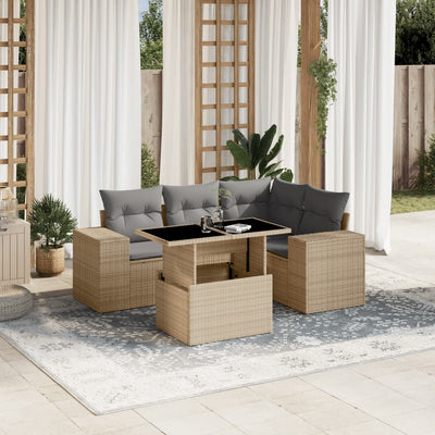 5 Piece Garden Sofa Set with Cushions Beige Poly Rattan