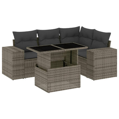 5 Piece Garden Sofa Set with Cushions Grey Poly Rattan