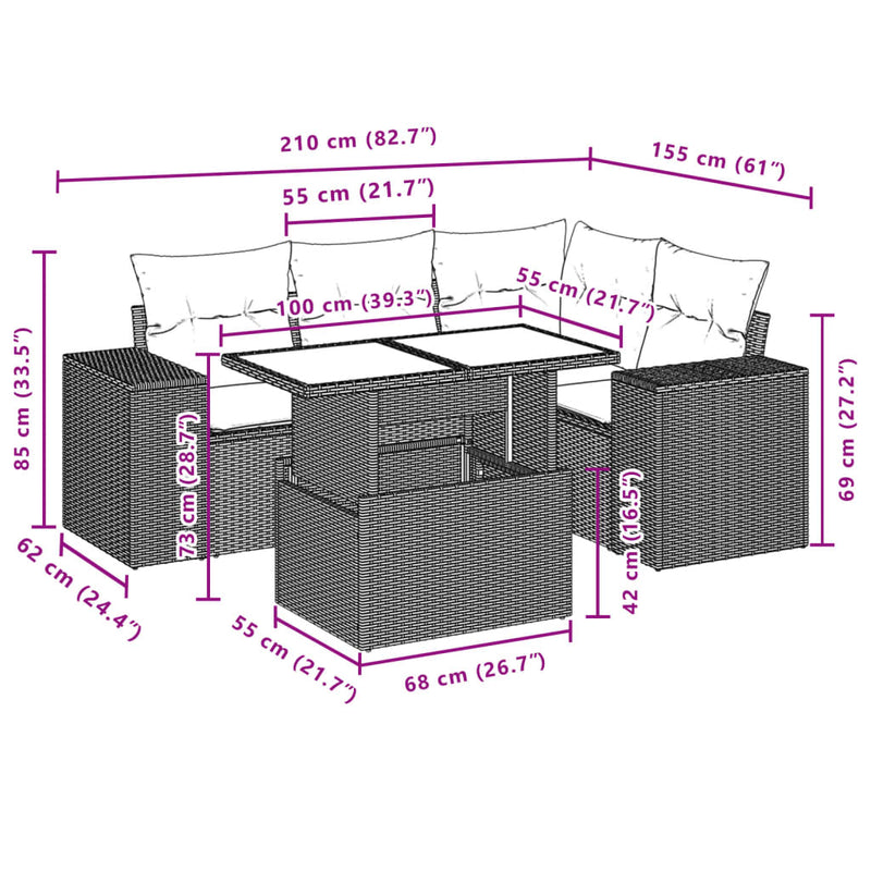 5 Piece Garden Sofa Set with Cushions Grey Poly Rattan