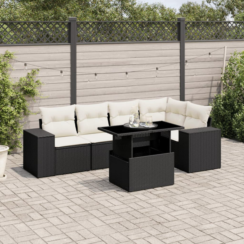 6 Piece Garden Sofa Set with Cushions Black Poly Rattan