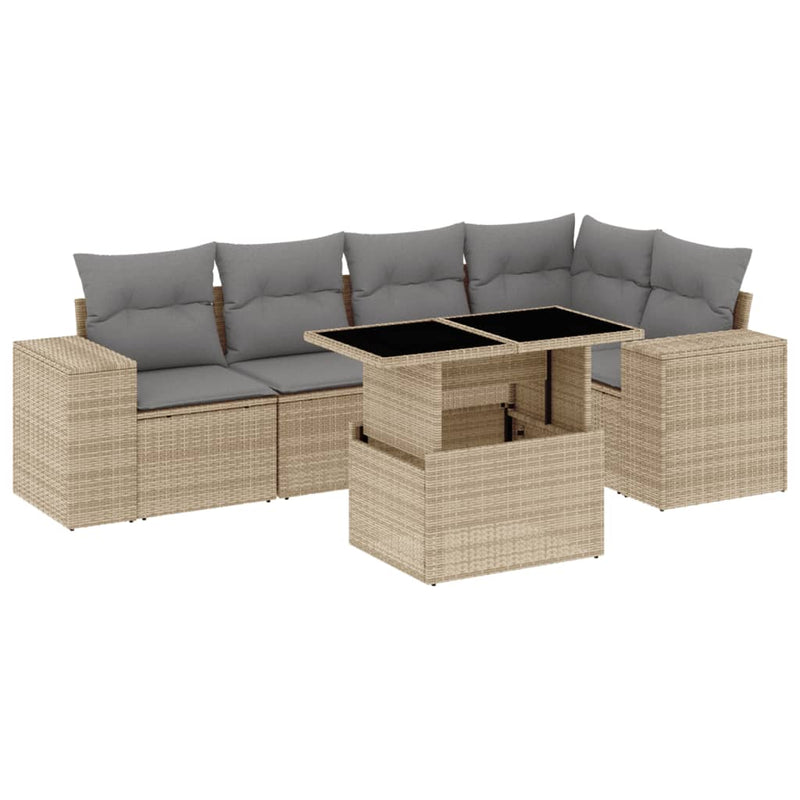 6 Piece Garden Sofa Set with Cushions Beige Poly Rattan