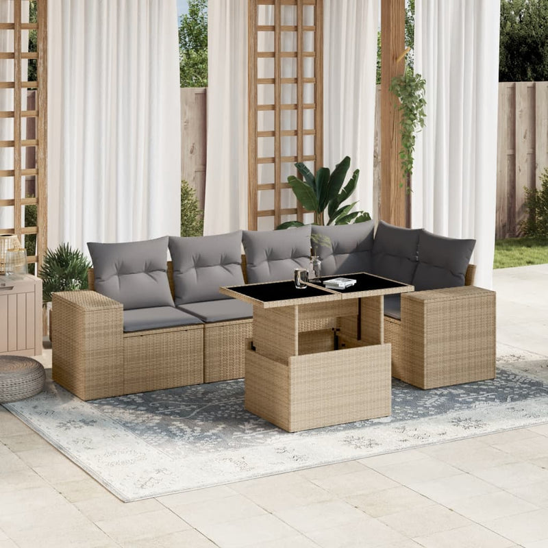 6 Piece Garden Sofa Set with Cushions Beige Poly Rattan