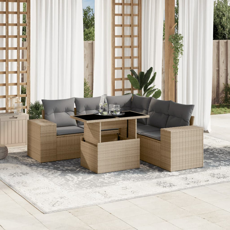 6 Piece Garden Sofa Set with Cushions Beige Poly Rattan