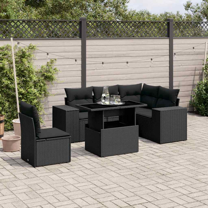 6 Piece Garden Sofa Set with Cushions Black Poly Rattan