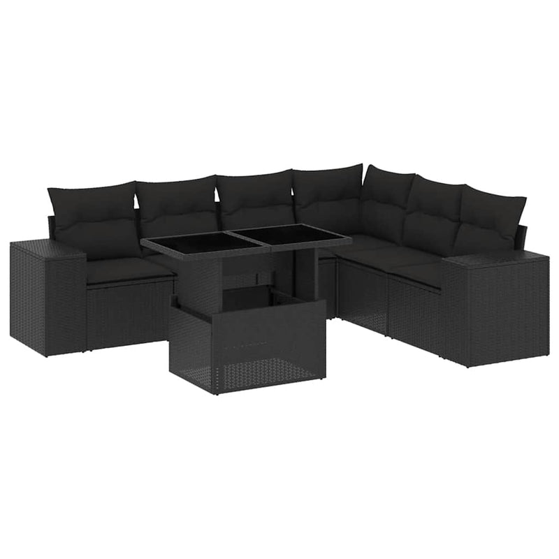 7 Piece Garden Sofa Set with Cushions Black Poly Rattan