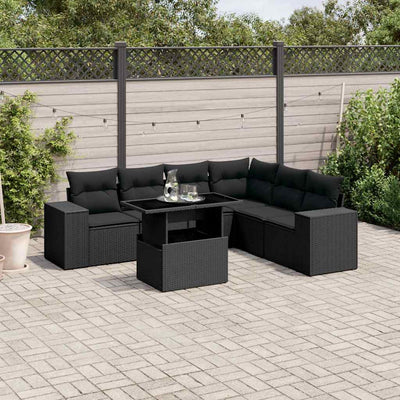 7 Piece Garden Sofa Set with Cushions Black Poly Rattan