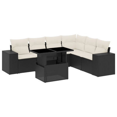 7 Piece Garden Sofa Set with Cushions Black Poly Rattan