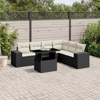 7 Piece Garden Sofa Set with Cushions Black Poly Rattan