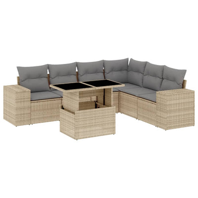 7 Piece Garden Sofa Set with Cushions Beige Poly Rattan