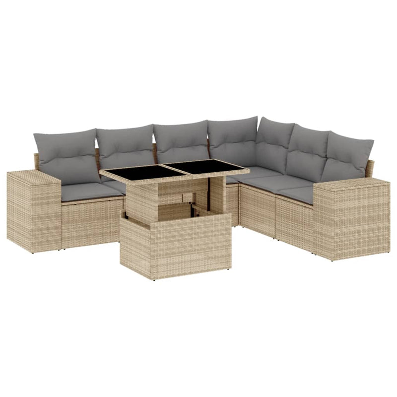 7 Piece Garden Sofa Set with Cushions Beige Poly Rattan