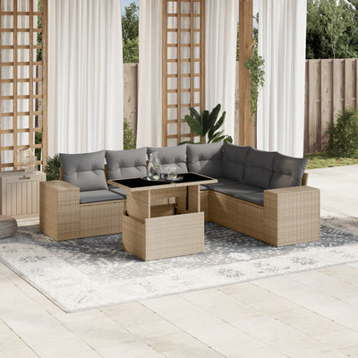 7 Piece Garden Sofa Set with Cushions Beige Poly Rattan