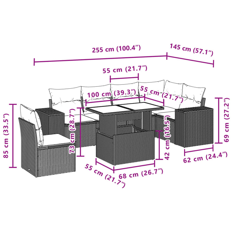 7 Piece Garden Sofa Set with Cushions Beige Poly Rattan