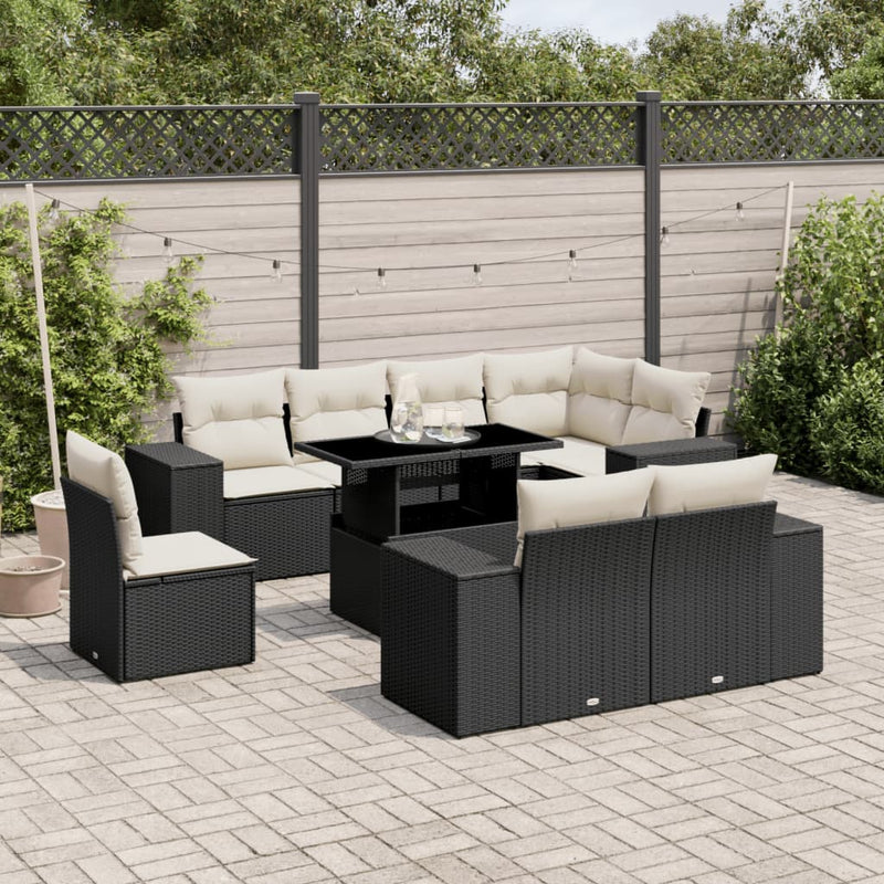 9 Piece Garden Sofa Set with Cushions Black Poly Rattan