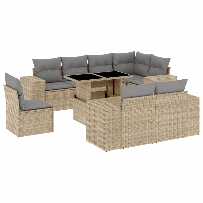 9 Piece Garden Sofa Set with Cushions Beige Poly Rattan