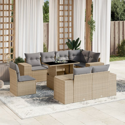 9 Piece Garden Sofa Set with Cushions Beige Poly Rattan