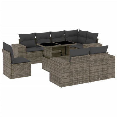 9 Piece Garden Sofa Set with Cushions Grey Poly Rattan