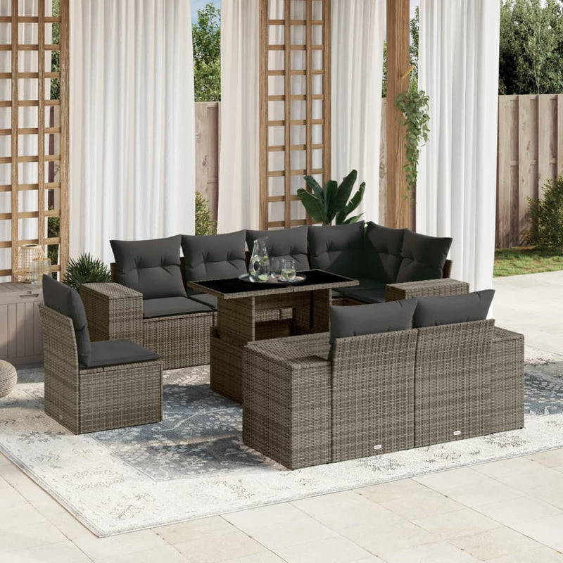 9 Piece Garden Sofa Set with Cushions Grey Poly Rattan