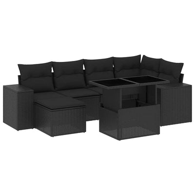 7 Piece Garden Sofa Set with Cushions Black Poly Rattan