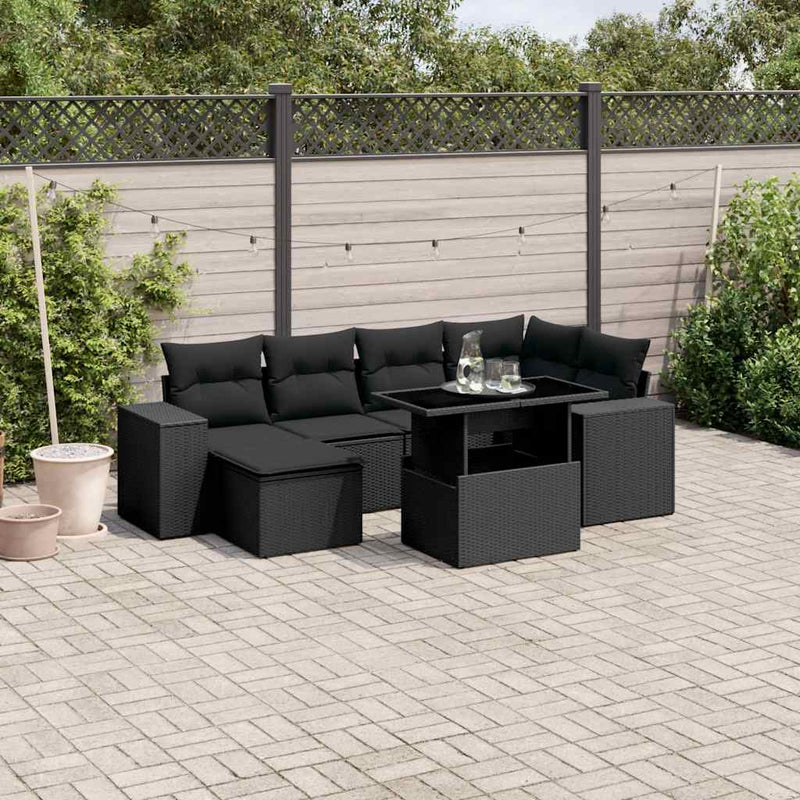 7 Piece Garden Sofa Set with Cushions Black Poly Rattan