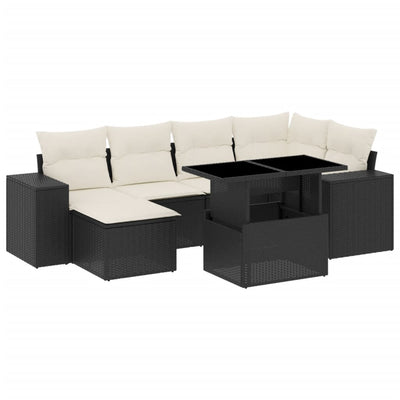 7 Piece Garden Sofa Set with Cushions Black Poly Rattan