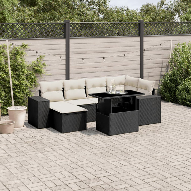 7 Piece Garden Sofa Set with Cushions Black Poly Rattan