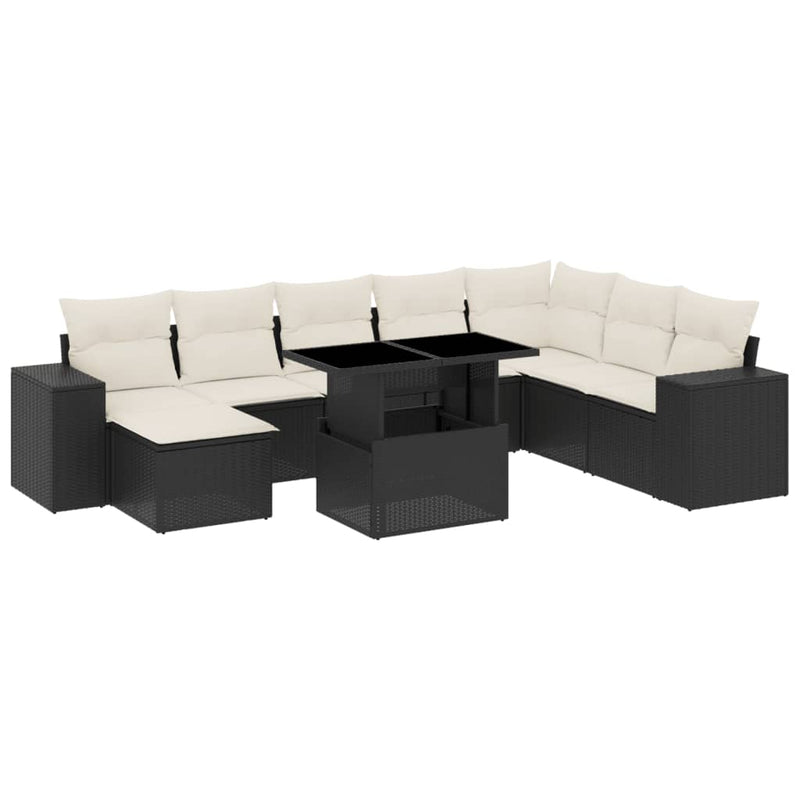 9 Piece Garden Sofa Set with Cushions Black Poly Rattan