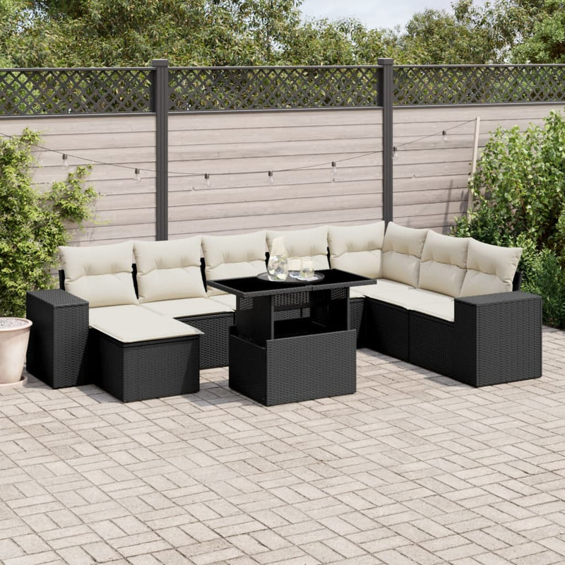 9 Piece Garden Sofa Set with Cushions Black Poly Rattan