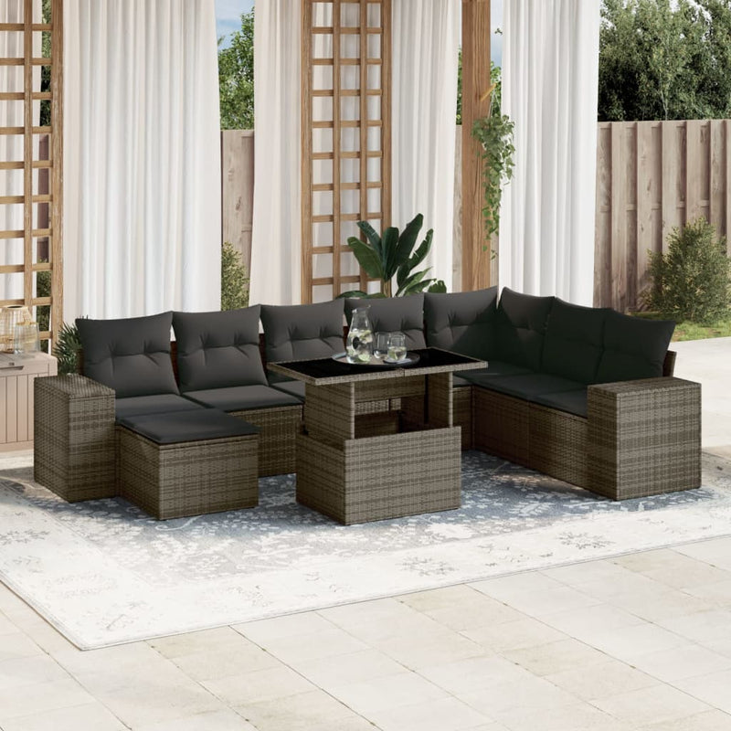 9 Piece Garden Sofa Set with Cushions Grey Poly Rattan