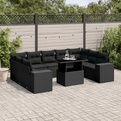 10 Piece Garden Sofa Set with Cushions Black Poly Rattan