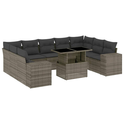 10 Piece Garden Sofa Set with Cushions Grey Poly Rattan