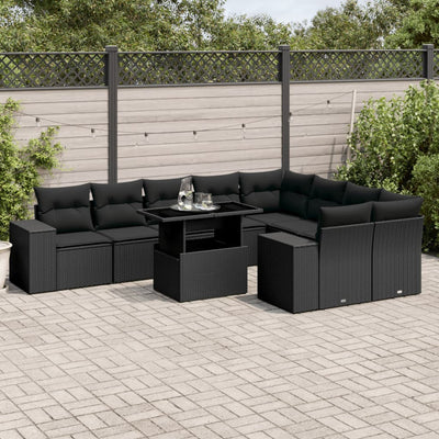 10 Piece Garden Sofa Set with Cushions Black Poly Rattan