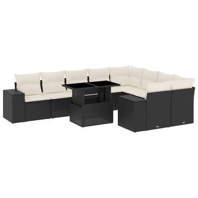 10 Piece Garden Sofa Set with Cushions Black Poly Rattan