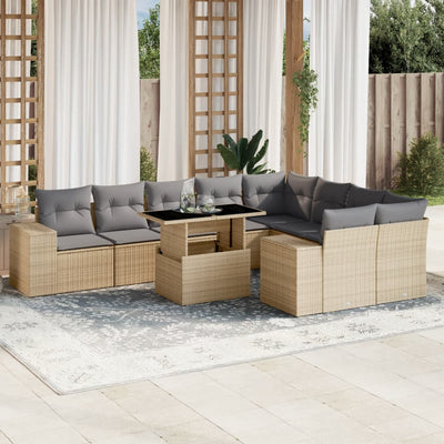 10 Piece Garden Sofa Set with Cushions Beige Poly Rattan