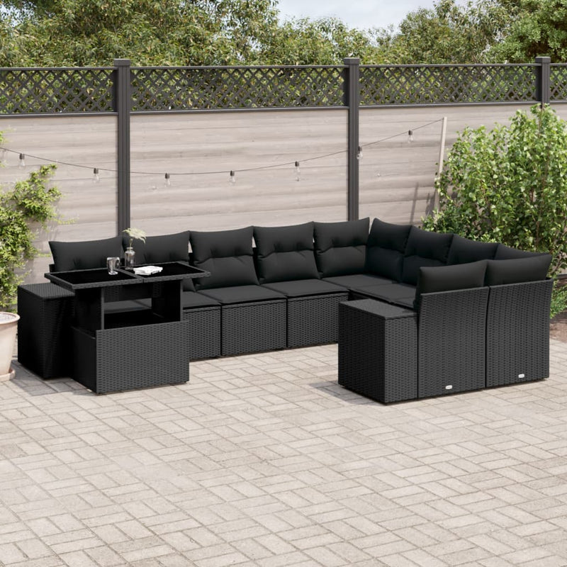 10 Piece Garden Sofa Set with Cushions Black Poly Rattan