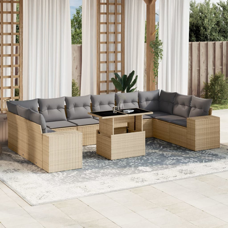 11 Piece Garden Sofa Set with Cushions Beige Poly Rattan