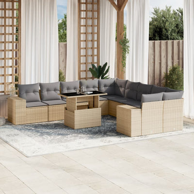 11 Piece Garden Sofa Set with Cushions Beige Poly Rattan