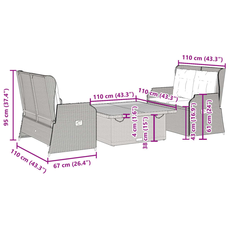 3 Piece Garden Lounge Set with Cushions Grey Poly Rattan