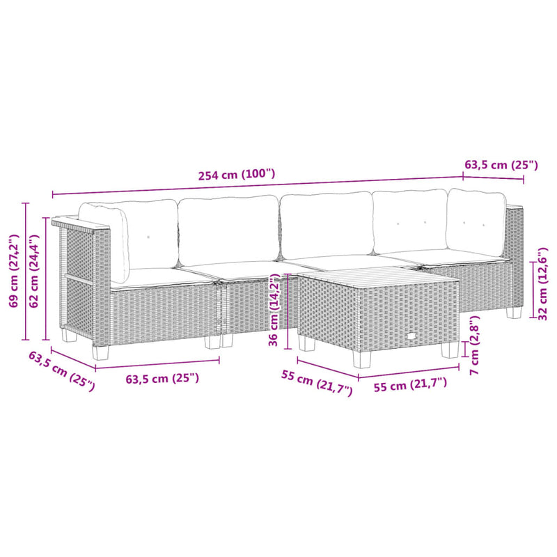 5 Piece Garden Sofa Set with Cushions Grey Poly Rattan