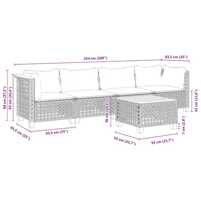 5 Piece Garden Sofa Set with Cushions Grey Poly Rattan