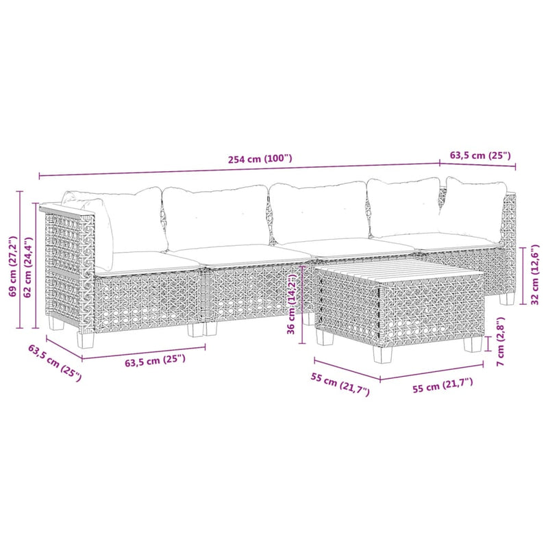 5 Piece Garden Sofa Set with Cushions Grey Poly Rattan