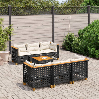 7 Piece Garden Sofa Set with Cushions Black Poly Rattan