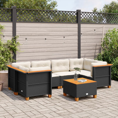 7 Piece Garden Sofa Set with Cushions Black Poly Rattan