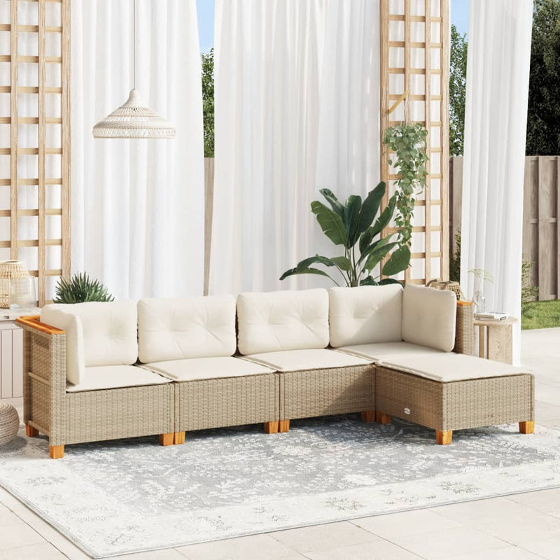 5 Piece Garden Sofa Set with Cushions Beige Poly Rattan