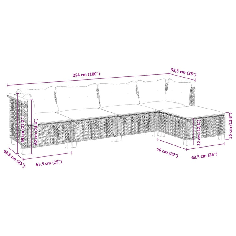 5 Piece Garden Sofa Set with Cushions Grey Poly Rattan