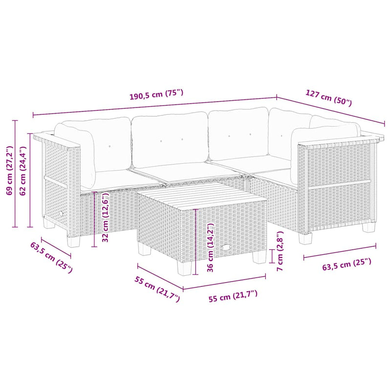 5 Piece Garden Sofa Set with Cushions Beige Poly Rattan