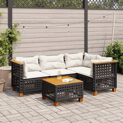 5 Piece Garden Sofa Set with Cushions Black Poly Rattan