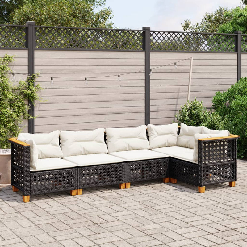 5 Piece Garden Sofa Set with Cushions Black Poly Rattan