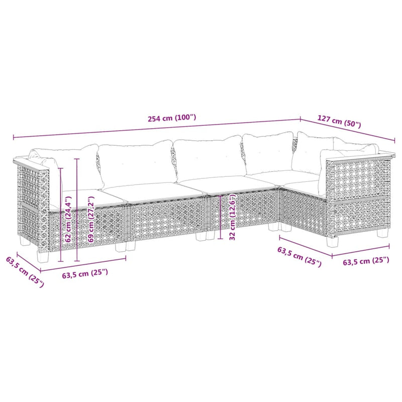 5 Piece Garden Sofa Set with Cushions Grey Poly Rattan