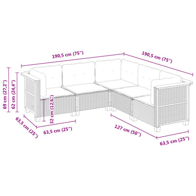 5 Piece Garden Sofa Set with Cushions Black Poly Rattan