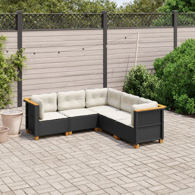 5 Piece Garden Sofa Set with Cushions Black Poly Rattan